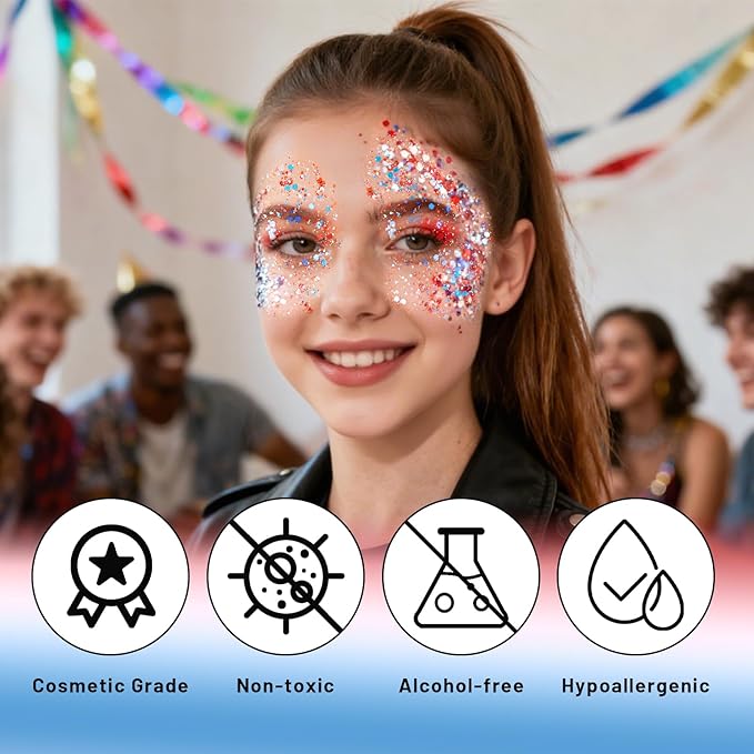 DAGEDA Red White and Blue Body Glitter Stick, Sparkly Face Glitter Makeup, 4th of July Outfits Accessories for Women, Shimmer Face Paint Stick, Fourth of July Independence Day Costumes Accessories