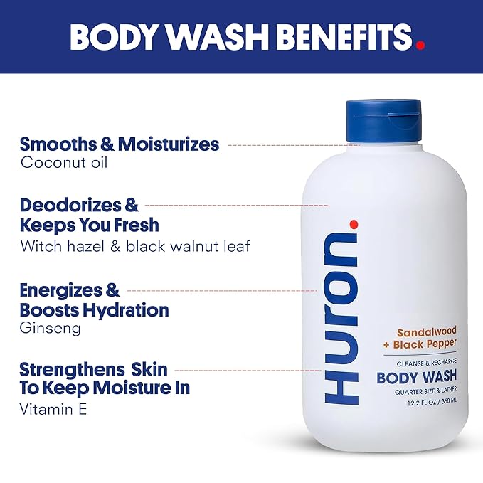 Huron Shower Kit - Shampoo, Conditioner, & Body Wash For Men - Sandalwood + Black Pepper Scent - Hydrating & Nourishing Men's Shampoo & Conditioner
