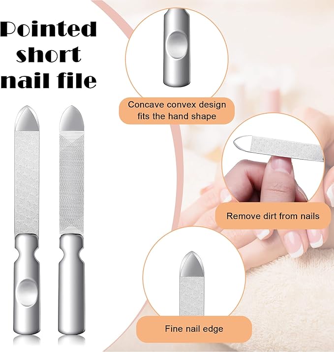 3 Pcs Stainless Steel Nail Files Kit with Leather Case, Double Sided Metal Nail Files with Anti-Slip Handle for Women and Men, Metal File Buffer Manicure Pedicure Tools for Fingernail Toenail(Pink)