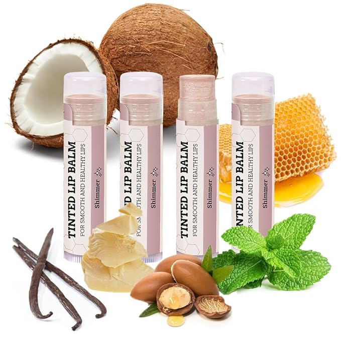 Earth's Daughter Tinted Lip Balm Shimmer Stocking Stuffers 4 Pack, Beeswax, Coconut Oil, Cocoa Butter, Vitamin E, Moisturize and Beautify, Paraben Free