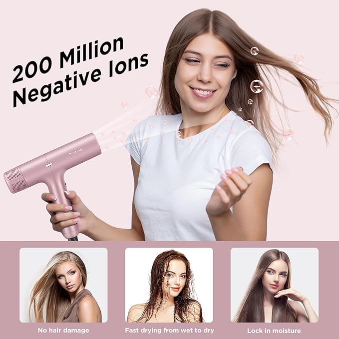 Hair Dryer, IG INGLAM 110, 000 RPM High-Speed Blow Dryer with LED Display, 1300W Low Noise Negative Ionic Hairdryer, 3 Temps & 3 Speeds Cool Switch & Memory Function, Lightweight, Rose Pink