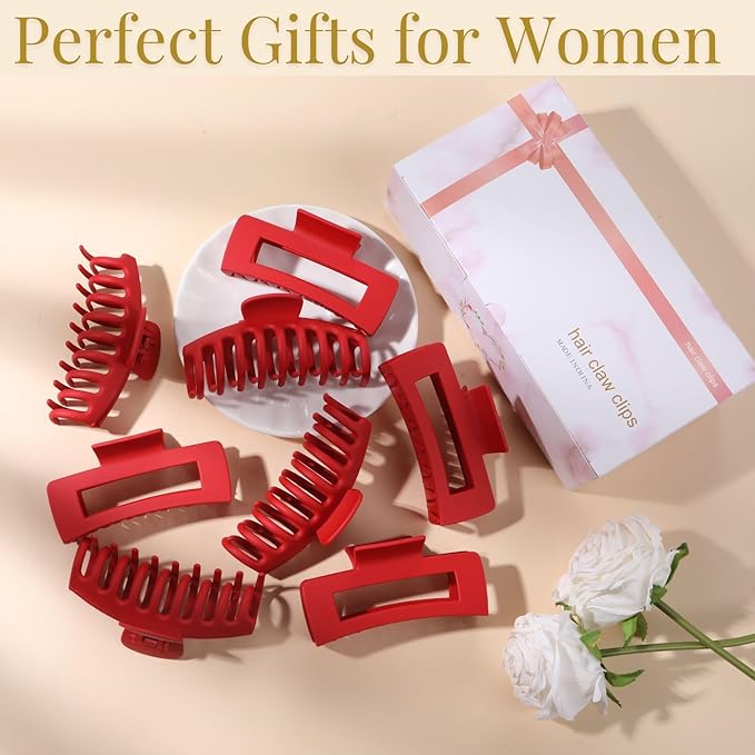 Red Hair Clips for Women - 8 Pack 4.3 Inch Large Hair Claw Clips for Women Thin Thick Curly Hair, Big Matte Banana Clips,Strong Hold jaw clips