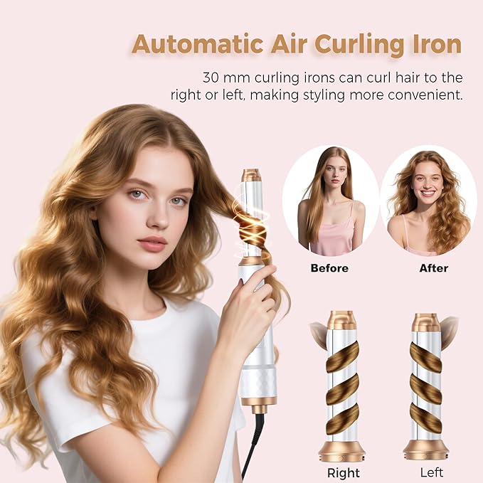 6 in 1 Air Styler Magic Hair Dryer Brush, Negative Ionic Blow Dryer Brush & 3 Heat Settings, Detachable Auto Curling & Straightening Volumizing, Frizz-Free Styling, Salon to Home Use (White-Blue)