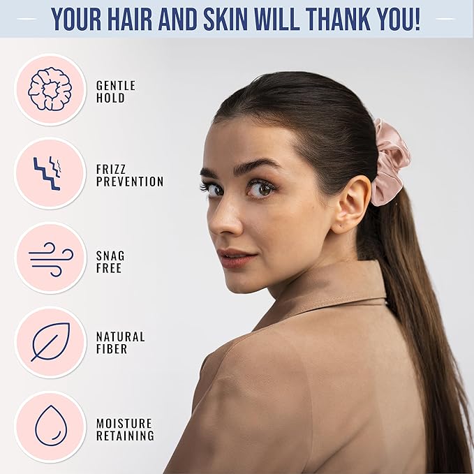 Blissy Silk Scrunchies (3 Pack) - 100% Pure Mulberry Silk - 22 Momme 6A High-Grade Fibers Scrunchie for Straight & Curly Hair - Preventing Breakage, Tangling, & Creasing (Pink Skinny)