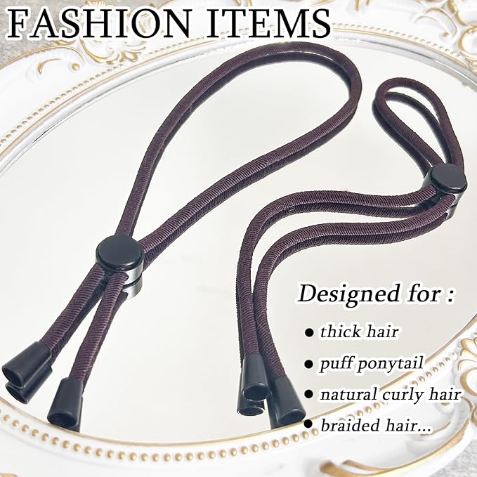 6pcs Brown Adjustable Hair Ties - Long, Extra Length Scrunchies for Thick Hair, Afro Puffs & Ponytails - One Handed Use