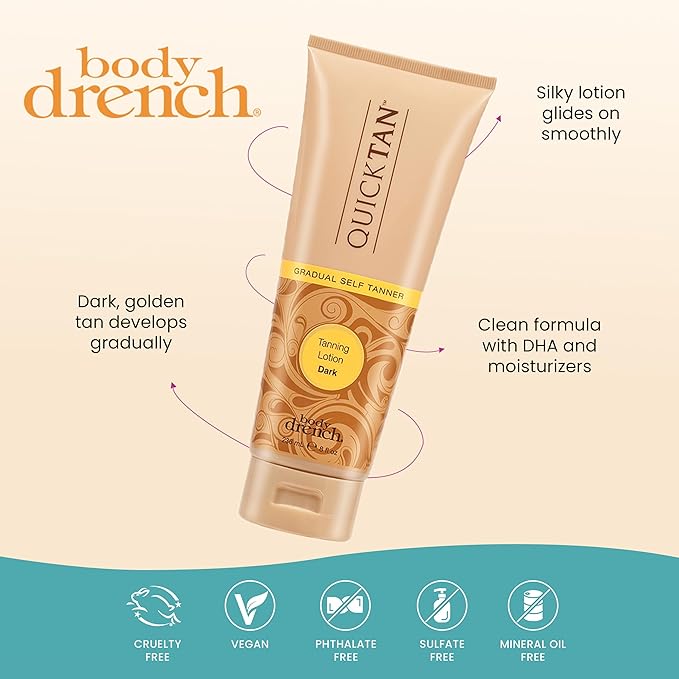 Body Drench Quick Tan Self Tanner Body Lotion – Sunless Tanning Lotion for Women, Natural-Looking Self Tan, Dark, 8 fl oz