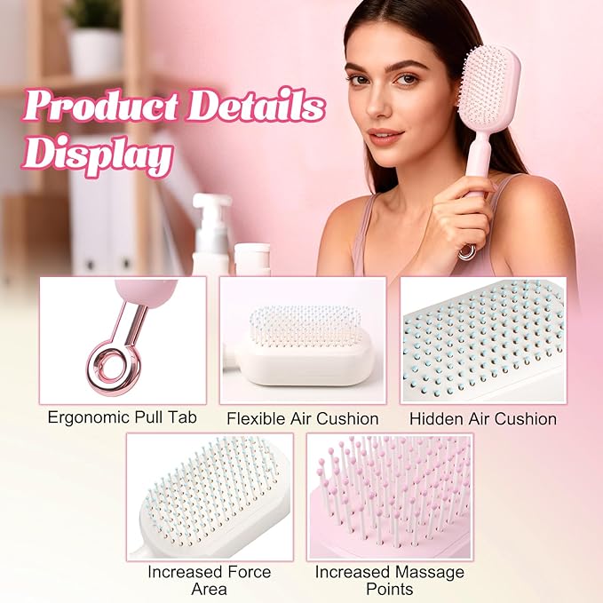 Self Cleaning Hair Brush, Retractable Cushion Massage Comb,Air Cushion Comb,Easy Clean,One-pull Clean Anti Static Brushs, Hairs Styling Tools for All Hairs Types (White)