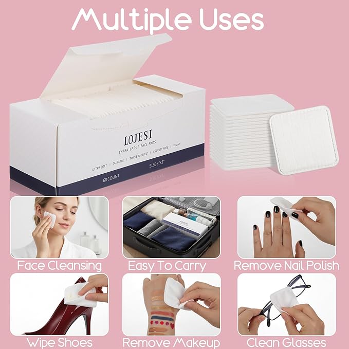 240 Count Large Cotton Pads, Makeup Remover Pads Square Disposable Cotton Soft Rounded Corners Lint-Free with Pressed Seam Design for Facial Cleansing Daily Skin Care