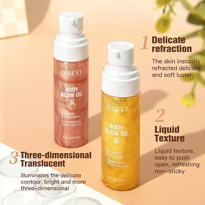 60ml Shimmer Body Oil – Illuminating Sunscreen SPF 30 Body Glow Oil with Radiant glitter, Lightweight Moisturizer for Highlighted Skin, Non-Greasy, Water-Resistant Summer Glow Enhancer (01# Gold)