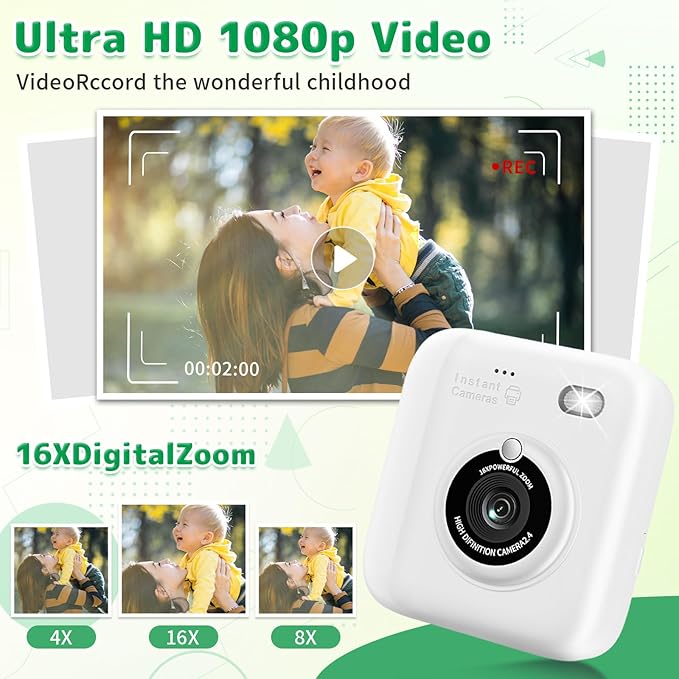 Instant Print Camera for Kids, Christmas Birthday Gifts for Girls Boys, 1080P Instant Digital Print Cameras for Toddler,Portable Toy for 4 5 6 7 8 9 10 Year Old Girl with 32GB SD Card，White