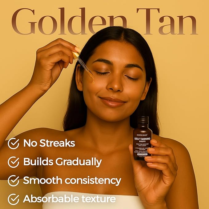 Hydrating Self Tanning Drops – MEDIUM/DARK – Face & Body Glow with DHA, Hyaluronic Acid, Niacinamide – Buildable, Streak Free Tan – MYSTERE BEAUTE – 1 fl oz