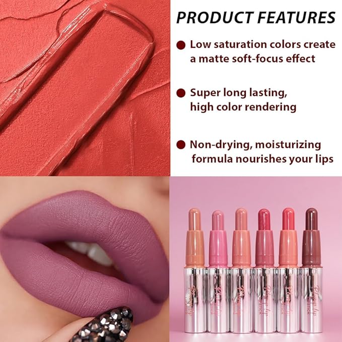 evpct 6Pcs Matte Lip Crayon Bar Set, Maroon Plum Purple Nude Brown Brownish Red Rose Orange Matte Lipsticks, Long Lasting Waterproof Lips Stick for Women, Creamy Smooth High Pigment Velvet Lipstick