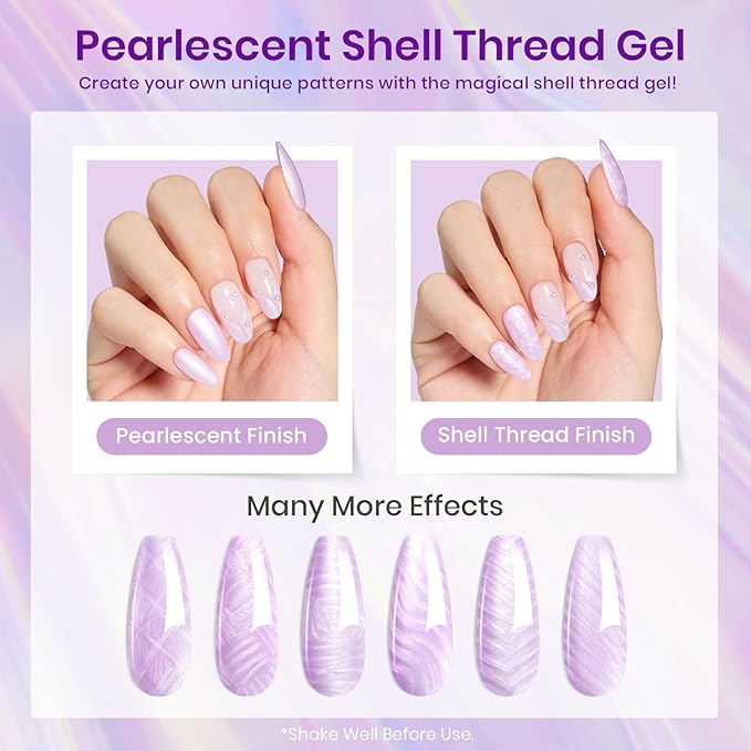 Beetles Purple Gel Polish Set - 6 Color Purple Shimmer Pearl Jelly Gel Polish with Nail Brush Soak Off LED Lamp Swirl Shell Thread Effect DIY Manicure Gifts for Mom