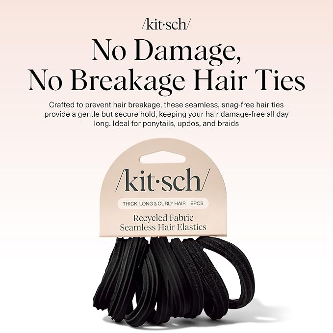 Kitsch Hair Ties No Damage - Strong, Stretchy Hair Bands | Soft Nylon Ponytail Holders, Snag-Free Rubber Bands, Perfect for Updos & Braids | Ideal Gifts for Women - Black, 8pcs