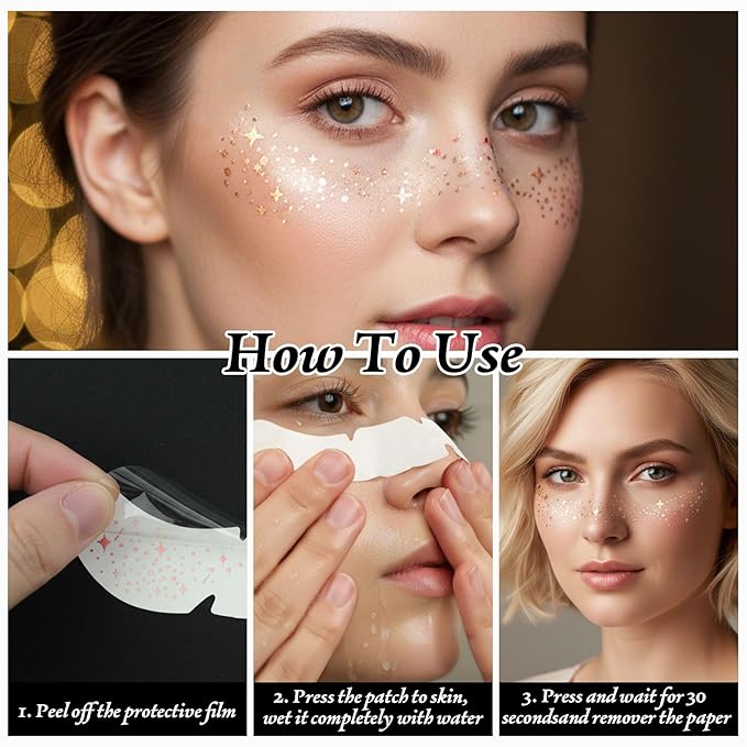 Face Glitter Freckles 12 Pcs Holographic Temporary Face Tattoos Stickers Waterproof Sparkle Face Speckles Makeup Patches Cute Body Temporary Tattoo Rave Accessories for Women Music Festival Accessorie