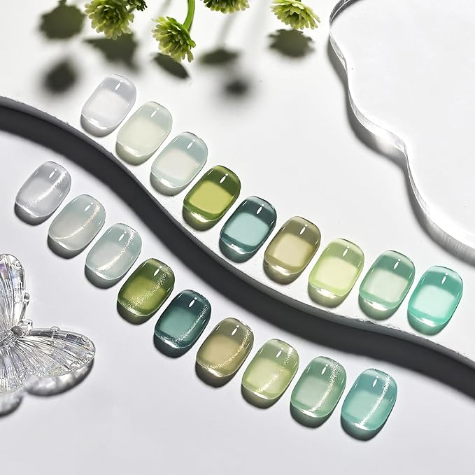 JODSONE 9 Green Colors Jelly Gel Nail Polish Set with Base Coat Top Coat Women's Holiday Gifts