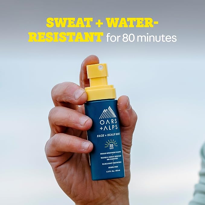 Oars + Alps Face & Scalp Sunscreen Spray Mist, SPF 35 Facial & Hair Sunscreen, Protects from Blue Light, Infused with Aloe Vera + Cucumber, Water & Sweat Resistant, Summer Splash Scent, 2pk