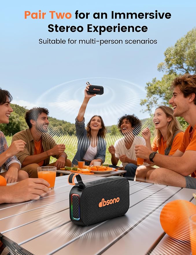 Bluetooth Speaker Stereo 20W Loud Sound: 30H Playtime, IPX5 Water Resistant, Portable Wireless Speakers, Powerful Bass, Lightshow, Birthday Gifts for Men/Adults/Teens, Beach Vacation Essentials, Black