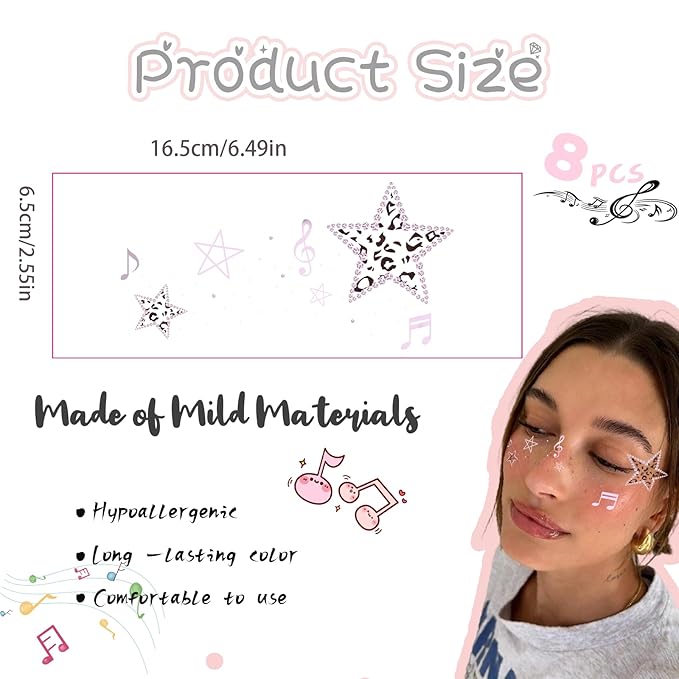 Face Glitter Freckles Tattoo, Leopard Print Star Temporary Makeup Patches, Body Glitter Sparkle Fake Freckles Stickers DIY Festival, Concert,Carnival Party,Cosmetic Glitter,Rave Accessories 8 PCS