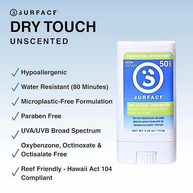 Surface Mineral Face Sunscreen Stick, Dry Touch SPF 50, Broad Spectrum UVA UVB Sun Protection for Kids and Adults, Travel Friendly, Water Resistant for 80 Minutes, Fragrance Free, 0.5oz