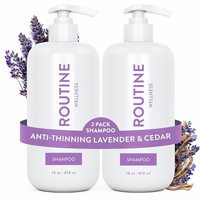 Routine Wellness Anti-Thinning Shampoo for Thinning Hair - Biotin DHT Blocker Women & Men - Color Safe Shampoo for Hair Loss & Healthy Hair - Lavender & Cedar 14oz (Pack of 2)