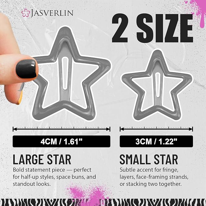 36 Pcs Black Star Snap Hair Clips, Y2k Cute Barrettes for Women Girls Thin Thick Hair, Goth Rave Accessories Non Slip Metal Styling Clip for Concert 3/4 cm Sizes