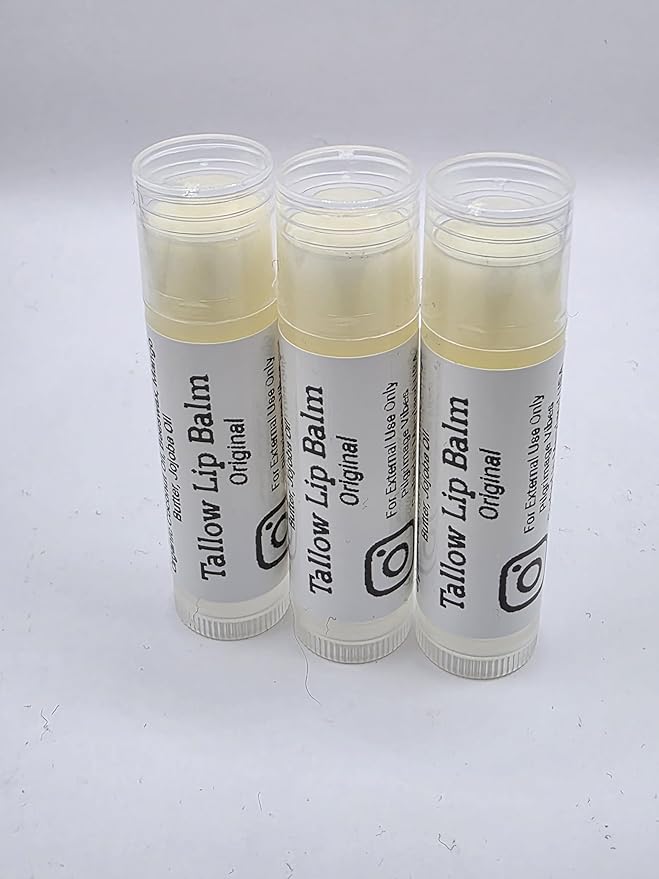 Tallow Lip Balm (3 Pack) (Original) Handmade Natural Grass Fed Beef Tallow Lip Balm with Nourishing Oils