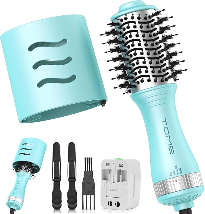 Blow Dryer Brush, Hair Dryer Brush in One, 600W Oval Hot Air Volumizer & Straightener, Anti-Frizz Blowout Styling Brush, Dual Voltage 110–240V Travel (2 Inch) Blue