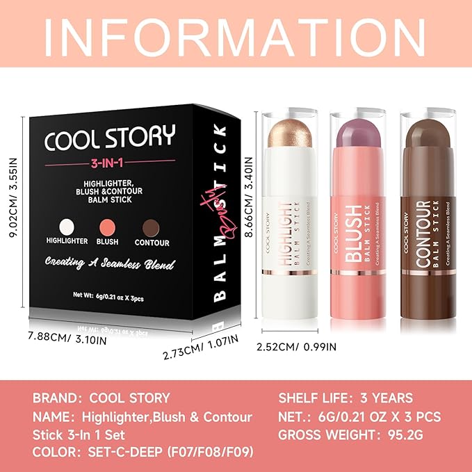 Cool Story 3-in-1 Makeup Set, Highlighter, Blush and Contour Balm Stick, Cream Formula for Face Contouring, Professional Cosmetic Kit (SET-C)