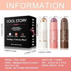 Cool Story 3-in-1 Makeup Set, Highlighter, Blush and Contour Balm Stick, Cream Formula for Face Contouring, Professional Cosmetic Kit (SET-C)