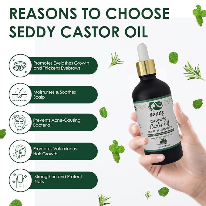 Seddy Organic Castor Oil with Rosemary & Peppermint in Dark Glass Bottle - Cold Pressed | Hexane-Free | Scalp, Hair, Eyelashes, Eyebrows, Skin, & Nails | Hair Treatment Oil - 3.4 Fl. Oz
