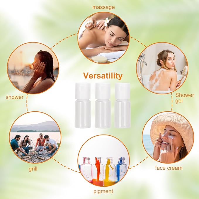 200 Pack 0.35 oz Plastic Bottles with Top Caps, Clear Empty 10 ml Flip Top Cosmetic Bottles for Lotion and Shampoo, Travel-Friendly, BPA-Free