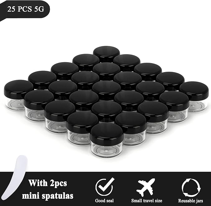 25PCS 5 Gram Sample Containers, 5ml Empty Jars with Lids, Small Cosmetic Containers, Mini Sample Jars with 2PCS Mini Spatulas for Make Up, Oils, Lotion, Powder, Paint, Jewelry, Lip Balms(Black Lid)
