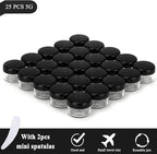 25PCS 5 Gram Sample Containers, 5ml Empty Jars with Lids, Small Cosmetic Containers, Mini Sample Jars with 2PCS Mini Spatulas for Make Up, Oils, Lotion, Powder, Paint, Jewelry, Lip Balms(Black Lid)