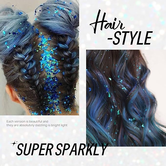 Blue Face and Body Hair Glitter Gel, Party Concerts Cheer Face Paint Holographic Chunky Festival Rave Accessories Glitter Makeup, 6 Kinds of Sparkling Sequins for Hair Nail Eye Lip Body