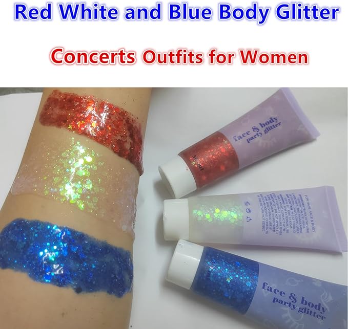 Go Ho Red and White Body Glitter Set,Singer Concerts Face Glitter Gel Makeup,Holographic Long Lasting Chunky Sequins Glitters for Eye Lip Hair Nails,Festival Rave Accessories,Red&White