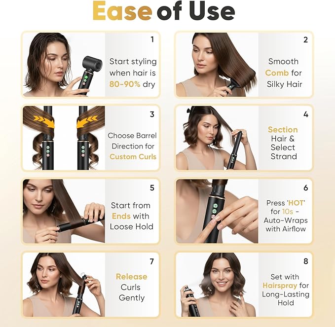 5-in-1 Hair Styler & Dryer, 110,000 RPM Ionic, Auto-Wrap Curling Barrels (L/R), Oval Volumizer & Straightening Brush, 3 Heat/3 Speed, Quick-Lock