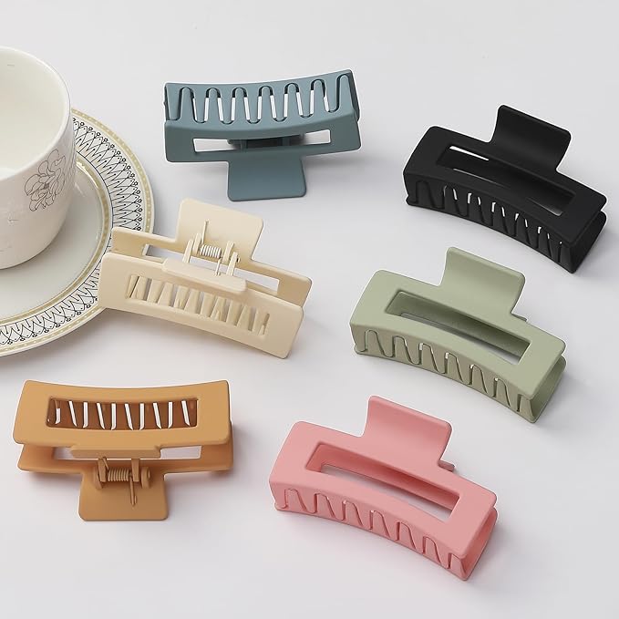 3.5 Inch Square Hair Clips for Women 6 Pack Hair Claw Clips Medium Claw Clips for Thick Thin Hair Rectangle Banana Jaw Hair Accessories for Women Girls -Basic