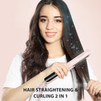 ANGENIL Pro Round Pink Dual Voltage Hair Straightener Irons, Titanium Flat Iron Hair Straightener and Curler 2 in 1 with Heat Resistant Silicone Mat, Smoothness, Large LCD Display, 20S Fast Heat Up
