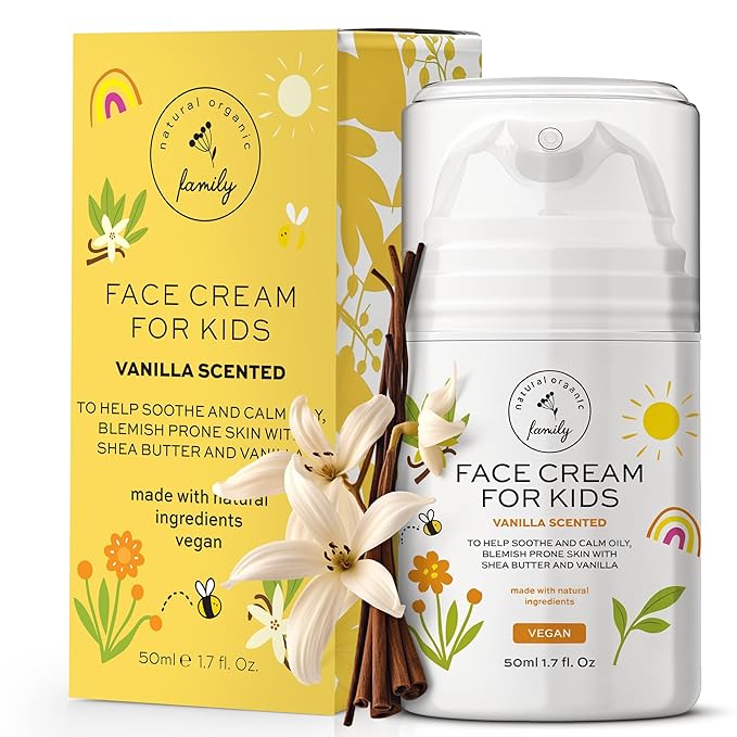 Kids Face Cream - Gentle and Calming Moisturizer Lotion for Sensitive Skin, Natural Hydration and Spot Control with Shea Butter, Tea Tree, Hyaluronic Acid, Vitamin E - Made in UK - Vanilla Scented