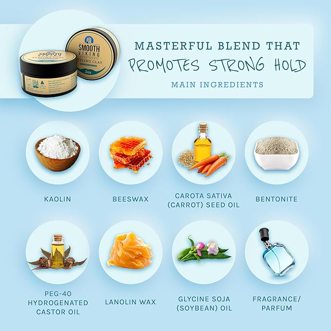 Smooth Viking Hair Clay for Men - Strong Hold Clay Pomade, Matte Finish, Oil-Free, Made in USA, All Hair Types, Natural Scent, Easy Wash Out, Thickening, Nourishing, 2oz