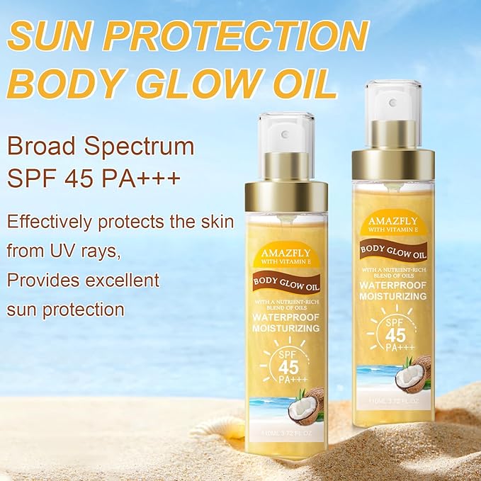 Body Glow Oil, SPF 45 PA+++, Sunscreen Body Oil with Gold Mica, Moisturizing Coconut with Vitamin E, Glow Moisturizer, Lightweight, Water Resistant, 3.72 fl oz,GOLD