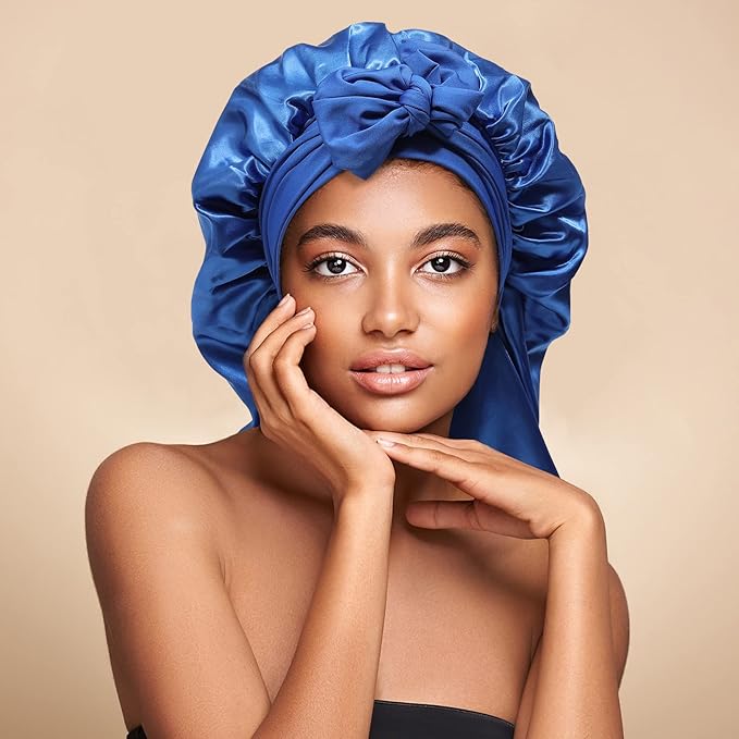 AWAYTR Long Satin Bonnet for Braids - Elastic Silk Hair Bonnets for Sleeping Night Cap Stretchy Tie Band for Women（Royal Blue）