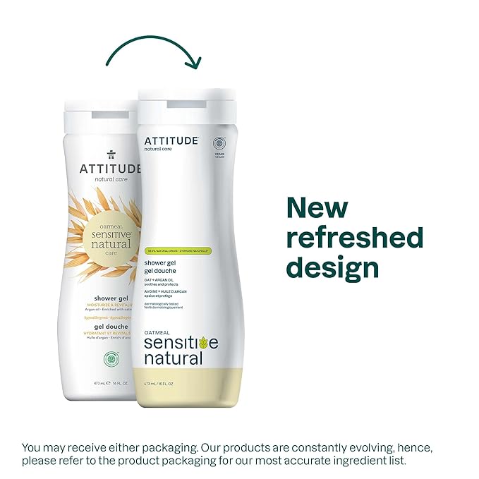 ATTITUDE Body Wash for Sensitive Skin with Oat and Argan Oil, EWG Verified, Dermatologically Tested, Vegan, 16 Fl Oz