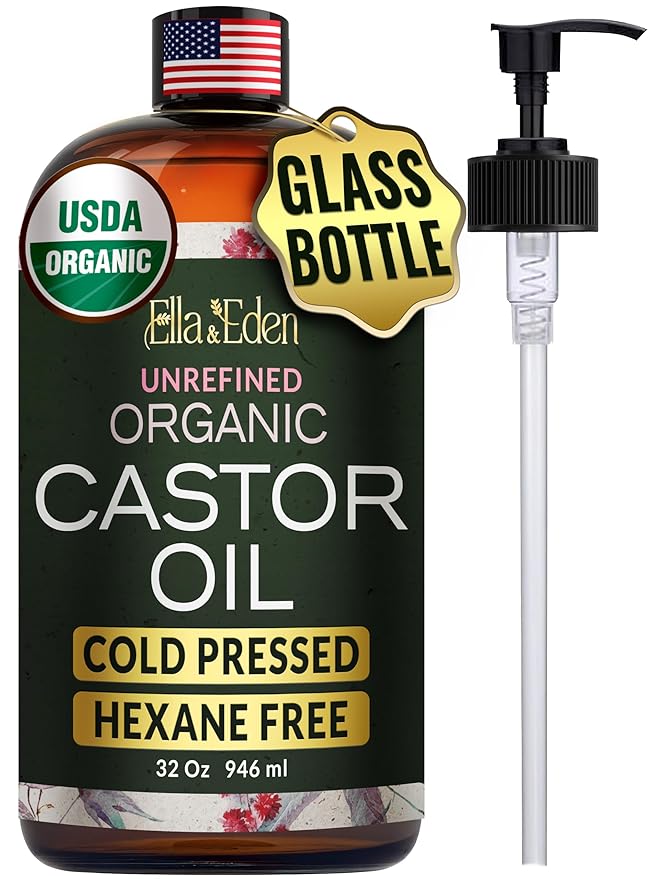 Ella & Eden Organic Castor Oil - Big 32 Fl Oz Glass Bottle - Cold-Pressed, Hexane-Free, USDA Certified, Unrefined & 100% Pure - For Hair Growth, Face, Skin