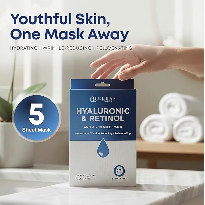 Clear Beauty Sheet Mask with Hyaluronic Acid & Retinol – Hydrating & Anti-Aging Formula For Dry, Dull, Wrinkled Skin – Dermatologist Tested, Korean Skin Care – Vegan Clean Beauty – 5 Sheets