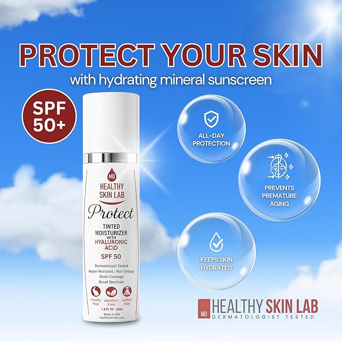 Healthy Skin Lab Protect Tinted Moisturizer & Mineral Sunscreen SPF 50, Sheer Universal Tint, Lightweight Coverage, Broad Spectrum UV Protection + Hyaluronic Acid, Dermatologist Tested, 1.8 oz