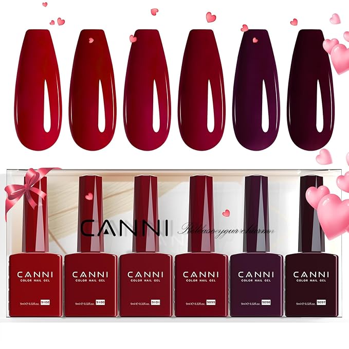 CANNI 6 Colors 9 ML Hema-Free Dark Red Gel Polish Set, Deep Cherry Red Burgundy Gel Nail Polish Blood Wine Red Color Kit, Soak Off LED Nail Gel Manicure Kit DIY at Home Salon Gifts