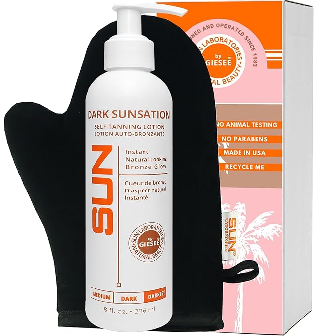 Sun Laboratories By Giesee Dark Sunsation Self Tanning Lotion 8 oz with Tanning Mitt - Ultra Dark, Organic, Pregnancy Safe, Travel Size Self Tanner, Long Lasting, Natural, Sunless Tanning Lotion Kit