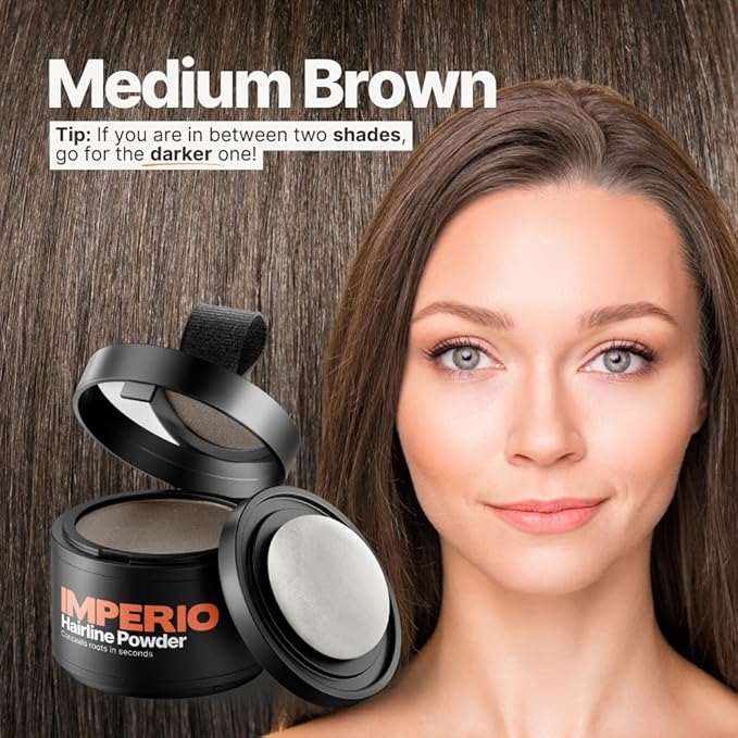 IMPERIO Root Touch Up Hair Powder for Concealing Hair Loss instantly - Hairline Powder for Women & Men - Water resistant Root Cover Up for Thinning Hair in Premium Hairdressing Quality (Medium Brown)